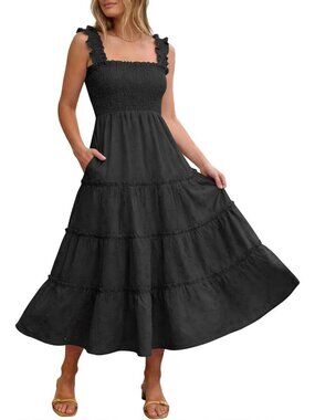 Caracilia Women's Black Square Neck Sleeveless Eyelet Smocked Tiered Midi Dress